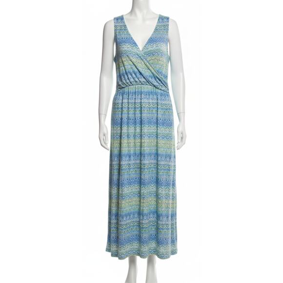 J Jill Maxi Dress Size L Petite Blue Yellow All Over Print V Neck Sleeveless - Picture 1 of 7